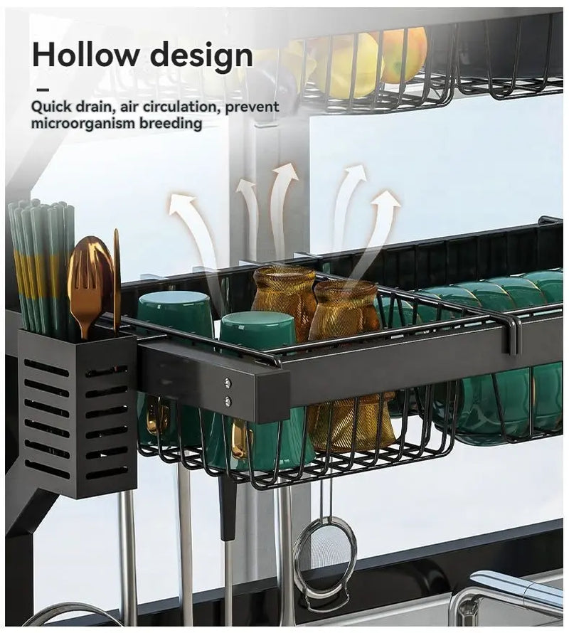 Over the Sink Dish Drying Rack | 2-Tier Kitchen Organizer with Utensil & Cutting Board Holderextensible Sink Storage Rack, Suitable for Tableware, Cups and Cooking Tools, Space-Saving Countertop Design, Black, Countertop Storage.
