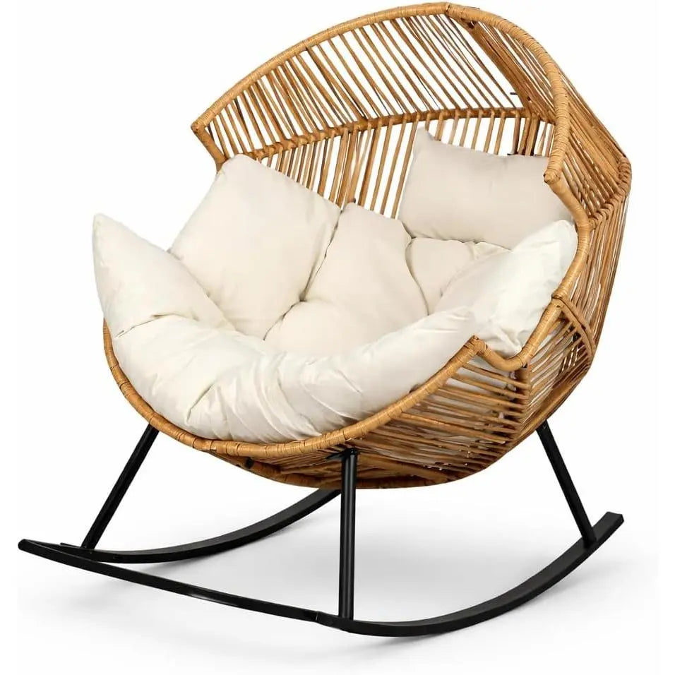 Oversized Wicker Rocking Egg Chair, Ergonomic Rattan Lounge Rocker with Extra-Soft Pillow & Thick Cushion for Indoor/Outdoor, Living Room, Backyard