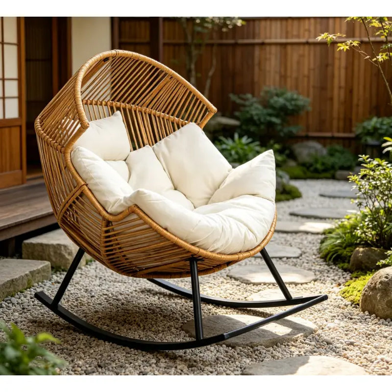 Oversized Wicker Rocking Egg Chair, Ergonomic Rattan Lounge Rocker with Extra-Soft Pillow & Thick Cushion for Indoor/Outdoor, Living Room, Backyard