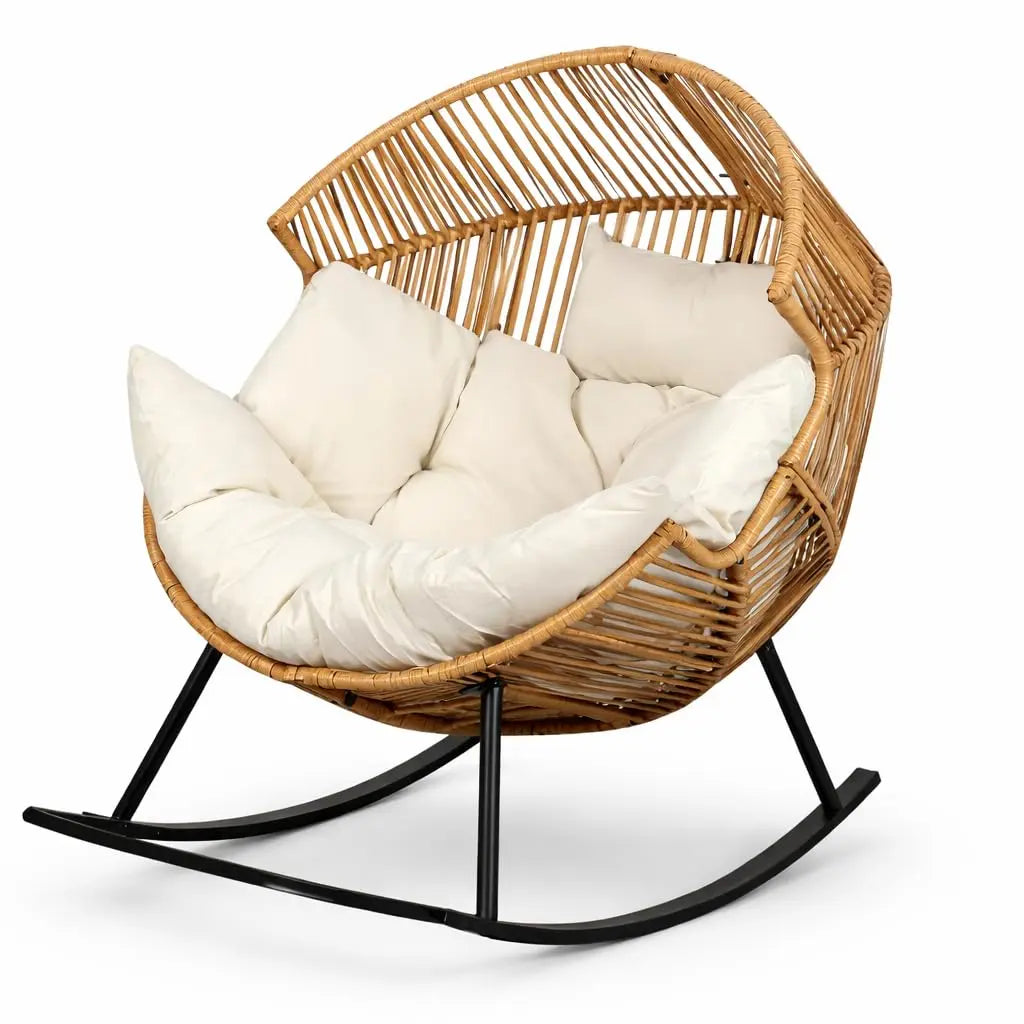 Oversized Wicker Rocking Egg Chair, Ergonomic Rattan Lounge Rocker with Extra-Soft Pillow & Thick Cushion for Indoor/Outdoor, Living Room, Backyard