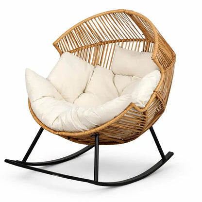 Oversized Wicker Rocking Egg Chair, Ergonomic Rattan Lounge Rocker with Extra-Soft Pillow & Thick Cushion for Indoor/Outdoor, Living Room, Backyard
