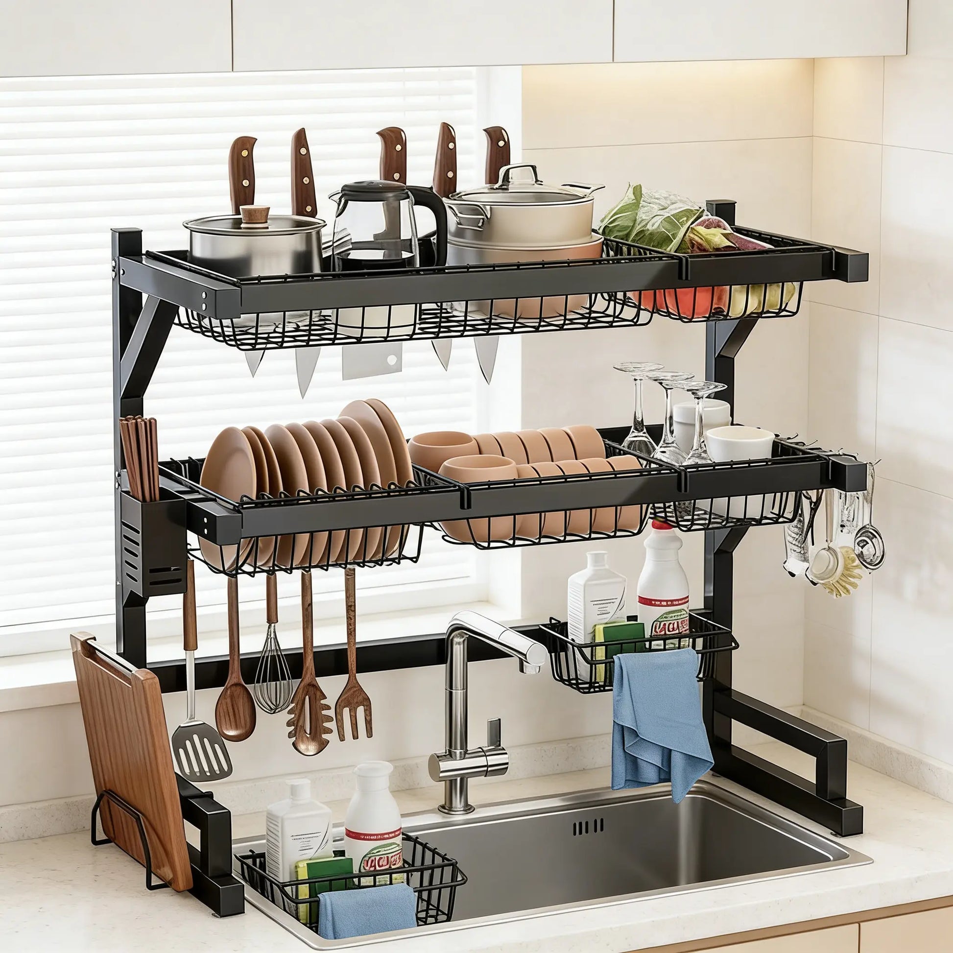 Over the Sink Dish Drying Rack | 2-Tier Kitchen Organizer with Utensil & Cutting Board Holderextensible Sink Storage Rack, Suitable for Tableware, Cups and Cooking Tools, Space-Saving Countertop Design, Black, Countertop Storage.