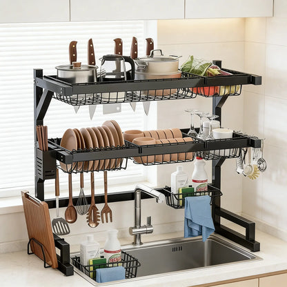 Over the Sink Dish Drying Rack | 2-Tier Kitchen Organizer with Utensil & Cutting Board Holderextensible Sink Storage Rack, Suitable for Tableware, Cups and Cooking Tools, Space-Saving Countertop Design, Black, Countertop Storage.
