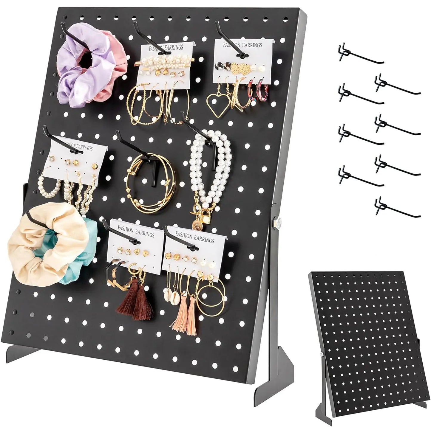 Rust-Resistant Metal Pegboard Vanity Jewelry Organizer, Freestanding Installation-Ready Tool Rack with Hooks for Earrings, Necklaces, Bracelets, Scrunchies - Retail Display & Home Tool Organizer