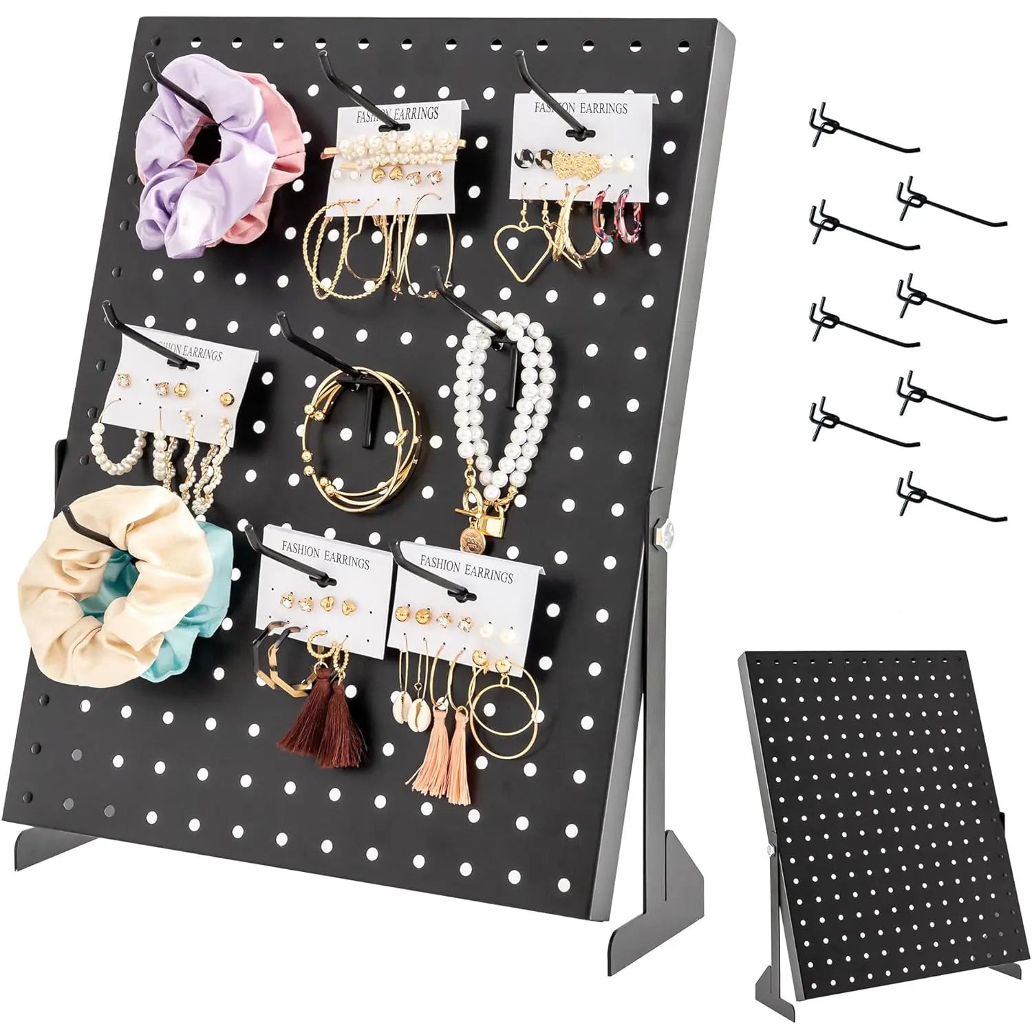 Rust-Resistant Metal Pegboard Vanity Jewelry Organizer, Freestanding Installation-Ready Tool Rack with Hooks for Earrings, Necklaces, Bracelets, Scrunchies - Retail Display & Home Tool Organizer