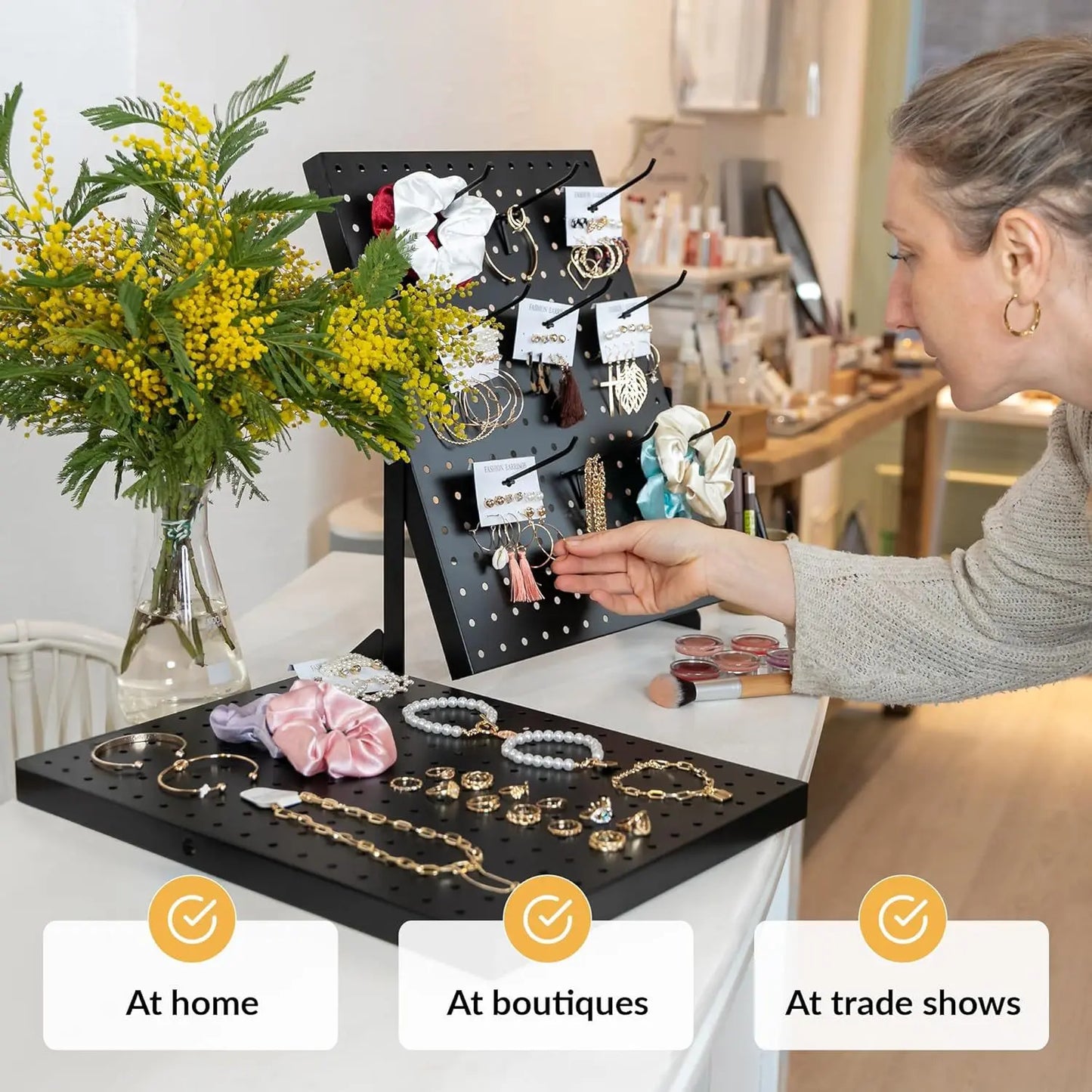 Rust-Resistant Metal Pegboard Vanity Jewelry Organizer, Freestanding Installation-Ready Tool Rack with Hooks for Earrings, Necklaces, Bracelets, Scrunchies - Retail Display & Home Tool Organizer