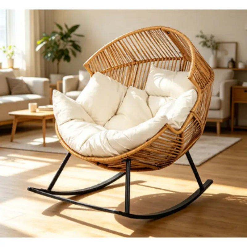 Oversized Wicker Rocking Egg Chair, Ergonomic Rattan Lounge Rocker with Extra-Soft Pillow & Thick Cushion for Indoor/Outdoor, Living Room, Backyard