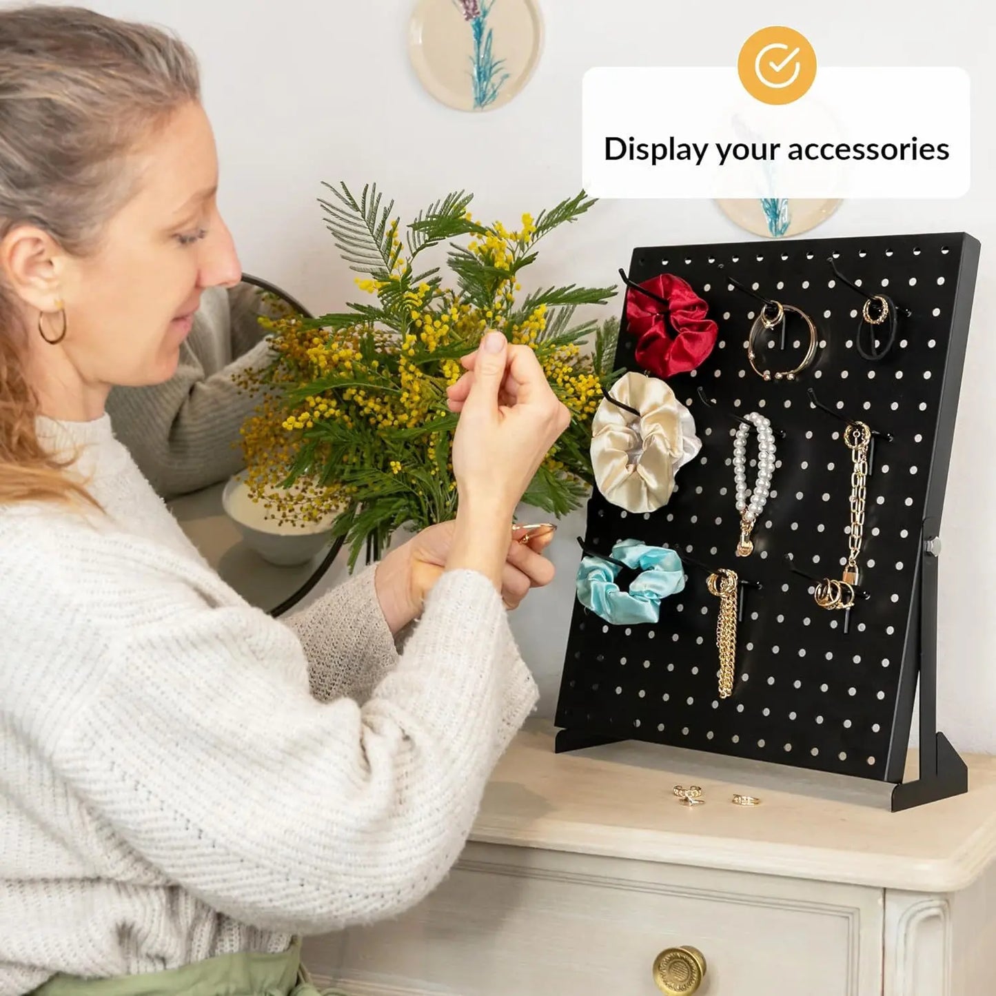 Rust-Resistant Metal Pegboard Vanity Jewelry Organizer, Freestanding Installation-Ready Tool Rack with Hooks for Earrings, Necklaces, Bracelets, Scrunchies - Retail Display & Home Tool Organizer