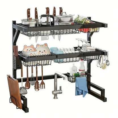 Over the Sink Dish Drying Rack | 2-Tier Kitchen Organizer with Utensil & Cutting Board Holderextensible Sink Storage Rack, Suitable for Tableware, Cups and Cooking Tools, Space-Saving Countertop Design, Black, Countertop Storage.
