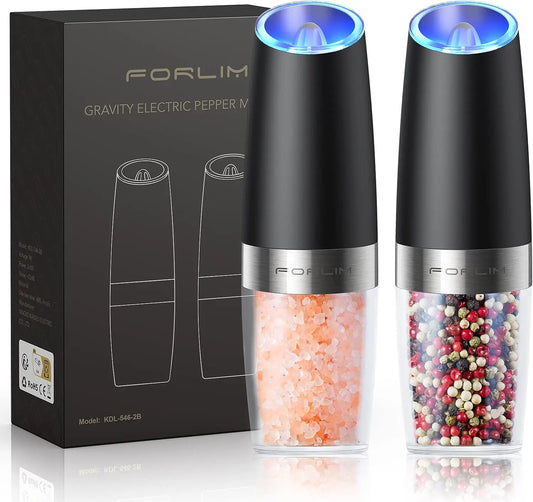 Gravity Electric Salt and Pepper Mill Set with LED Light, Ceramic Grinding Core, Stainless Steel Body, Transparent Window, Adjustable Coarseness, 1-Hand Operation, Upgraded Capacity, Modern Battery-Powered Kitchen Seasoning Utensils for Party Use, Pepper
