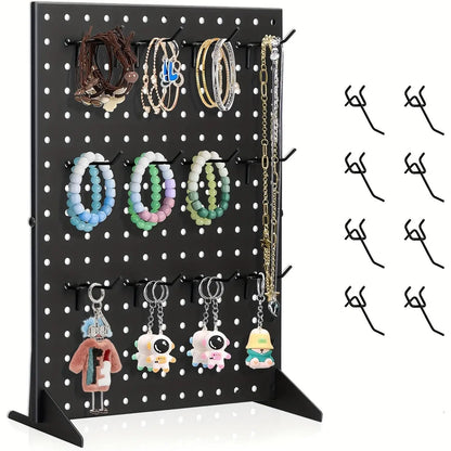 Rust-Resistant Metal Pegboard Vanity Jewelry Organizer, Freestanding Installation-Ready Tool Rack with Hooks for Earrings, Necklaces, Bracelets, Scrunchies - Retail Display & Home Tool Organizer