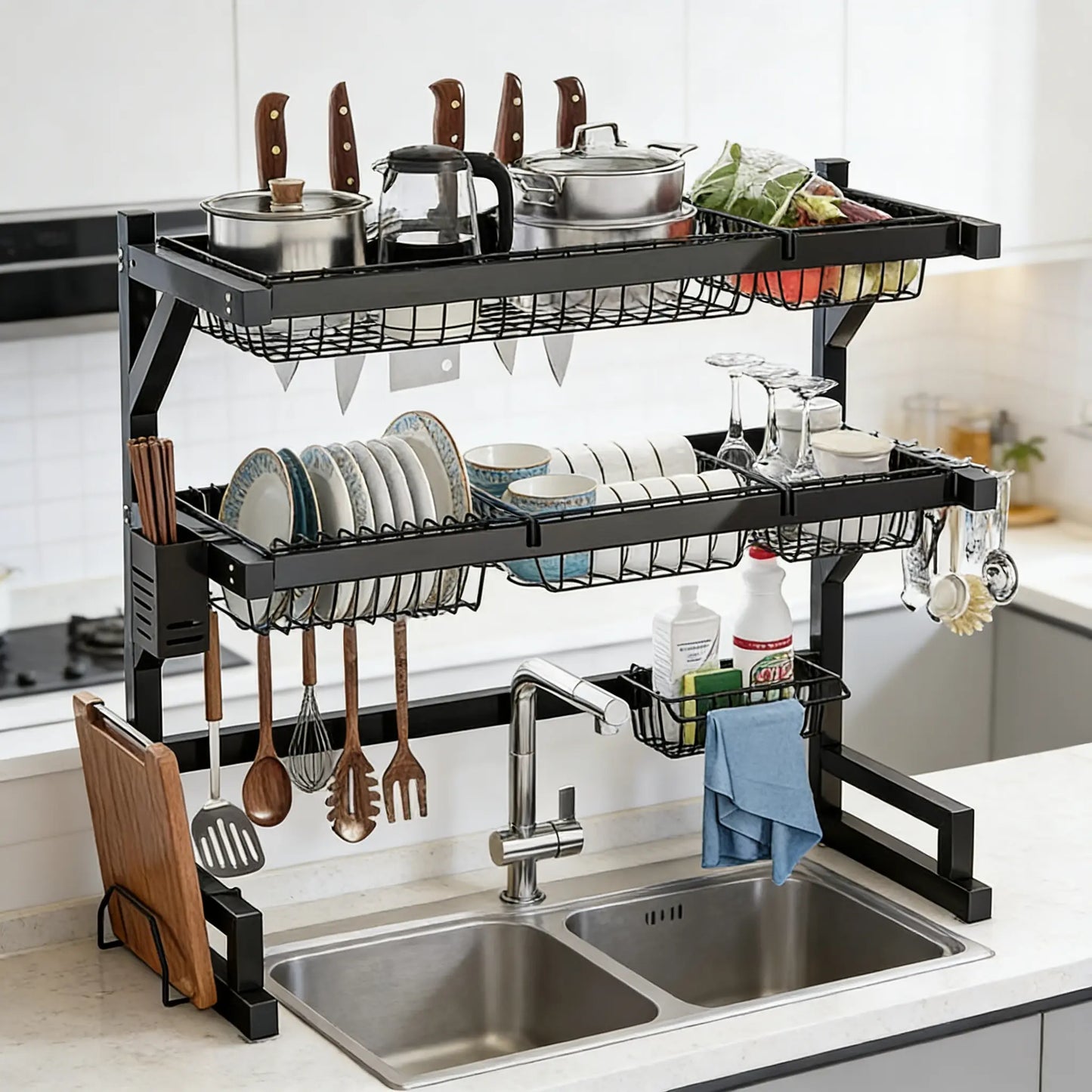 Over the Sink Dish Drying Rack | 2-Tier Kitchen Organizer with Utensil & Cutting Board Holderextensible Sink Storage Rack, Suitable for Tableware, Cups and Cooking Tools, Space-Saving Countertop Design, Black, Countertop Storage.