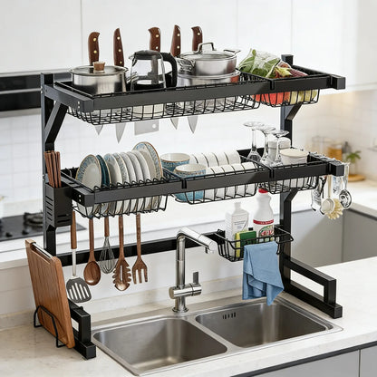 Over the Sink Dish Drying Rack | 2-Tier Kitchen Organizer with Utensil & Cutting Board Holderextensible Sink Storage Rack, Suitable for Tableware, Cups and Cooking Tools, Space-Saving Countertop Design, Black, Countertop Storage.