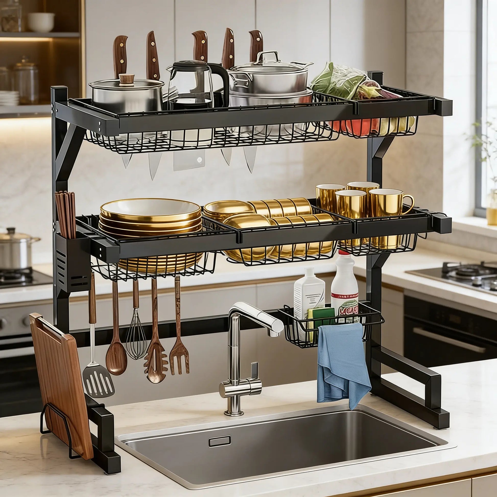 Over the Sink Dish Drying Rack | 2-Tier Kitchen Organizer with Utensil & Cutting Board Holderextensible Sink Storage Rack, Suitable for Tableware, Cups and Cooking Tools, Space-Saving Countertop Design, Black, Countertop Storage.