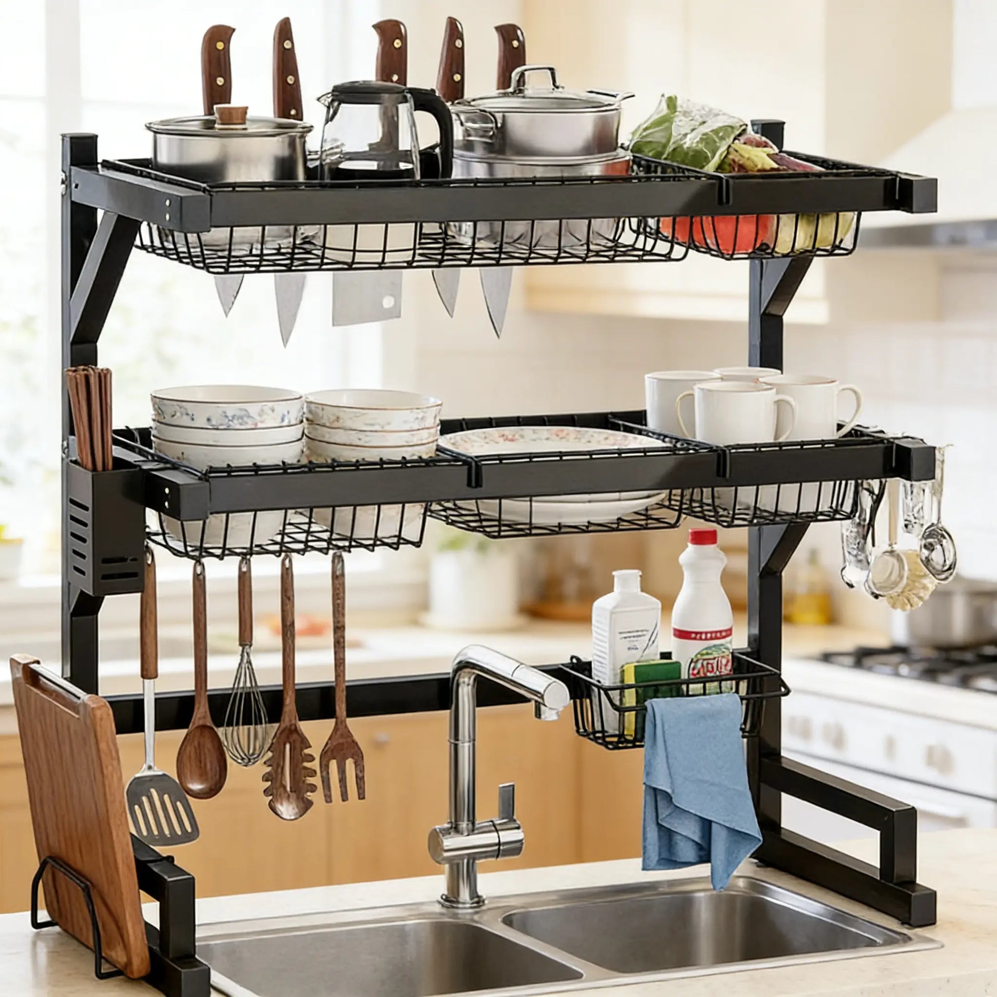Over the Sink Dish Drying Rack | 2-Tier Kitchen Organizer with Utensil & Cutting Board Holderextensible Sink Storage Rack, Suitable for Tableware, Cups and Cooking Tools, Space-Saving Countertop Design, Black, Countertop Storage.