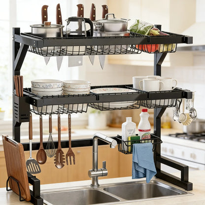 Over the Sink Dish Drying Rack | 2-Tier Kitchen Organizer with Utensil & Cutting Board Holderextensible Sink Storage Rack, Suitable for Tableware, Cups and Cooking Tools, Space-Saving Countertop Design, Black, Countertop Storage.
